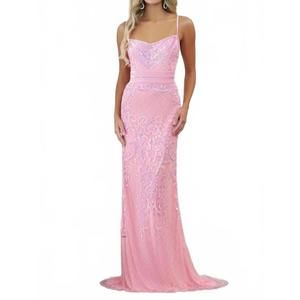 NEW ALETA graceful straight neckline beadwork pattern prom dress in pink ombre